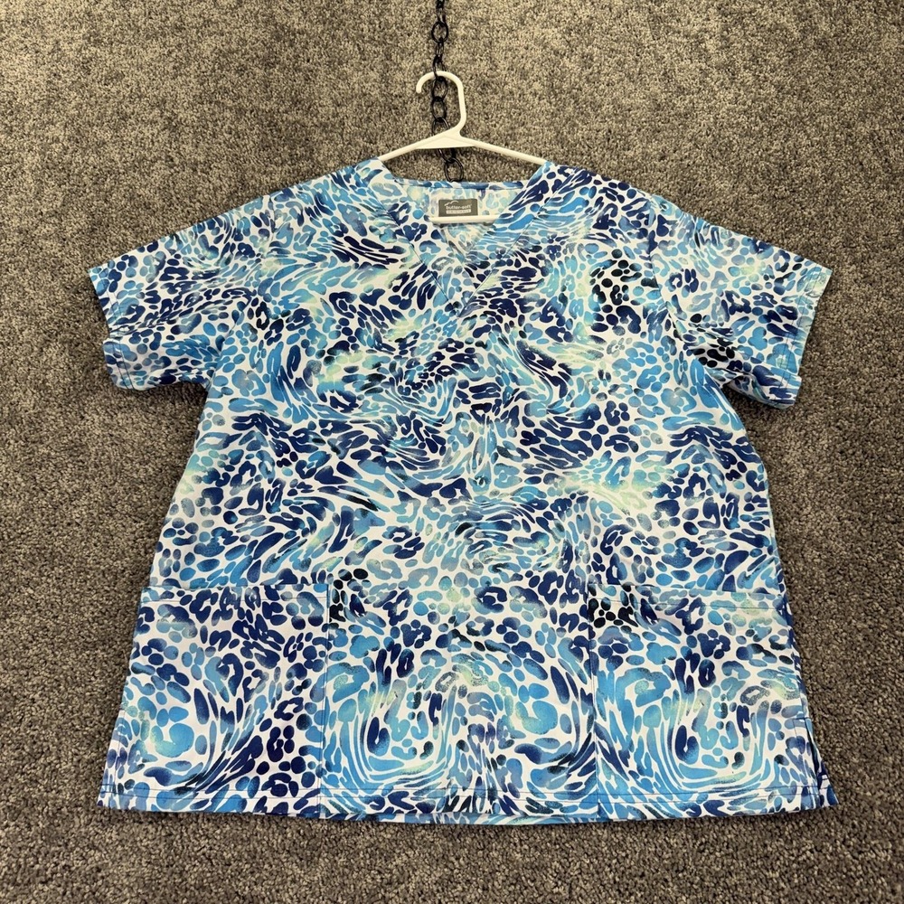 Butter-Soft Originals Shirt Womens Large Blue Animal V Neck Scrub Tunic Top